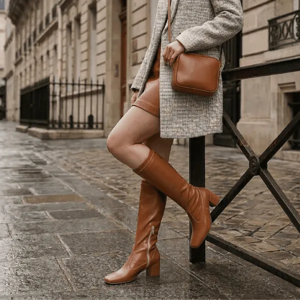 Bota Feminina Stretch Cano Alto  Bico Quadrado Salto Grosso
