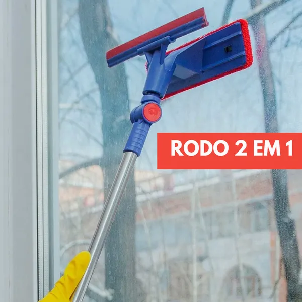 Rodo Limpa Vidros 2 em 1 com Cabo Extensível Esfrega e Seca Sem Esforço