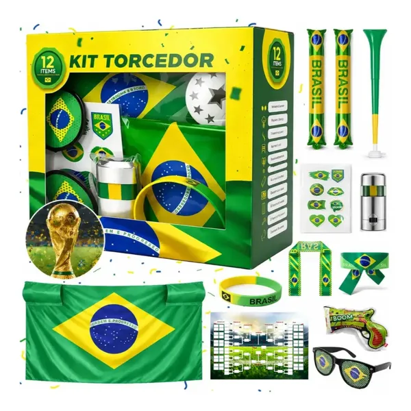 Kit Torcidor Torcida Brasil 12 Itens Copa 2026  Festa Futebol Adesivo Corneta Bandeira Oculos Brasil