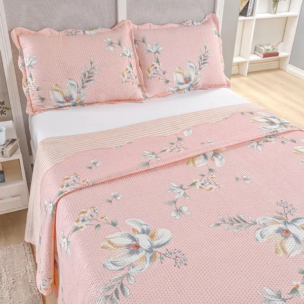 Kit Cobre Leito Colcha Queen Bouti 3 Peças Dupla Face Estampada Porta Travesseiro Aba Americana