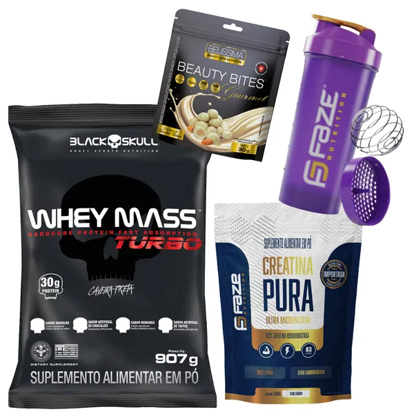 Kit Whey Black Skull Turbo 907g Refil + Creatina Pura 250g Faze Nutrition + Bites 30g + Coqueteleira