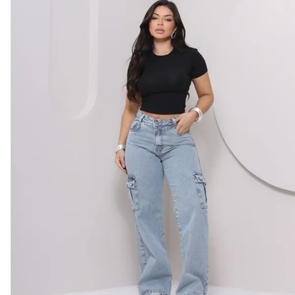 Calça Cargo Feminina Jeans Clara  Confortável  Estilosa  Casual Premium Moderna Versátil Elegante....