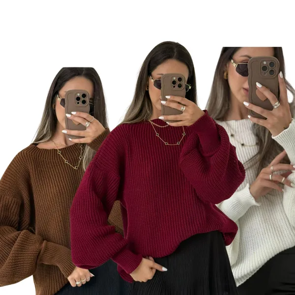 Blusa Tricô Inverno Ponto Fang Tricot Gola Redonda Manga Bufante