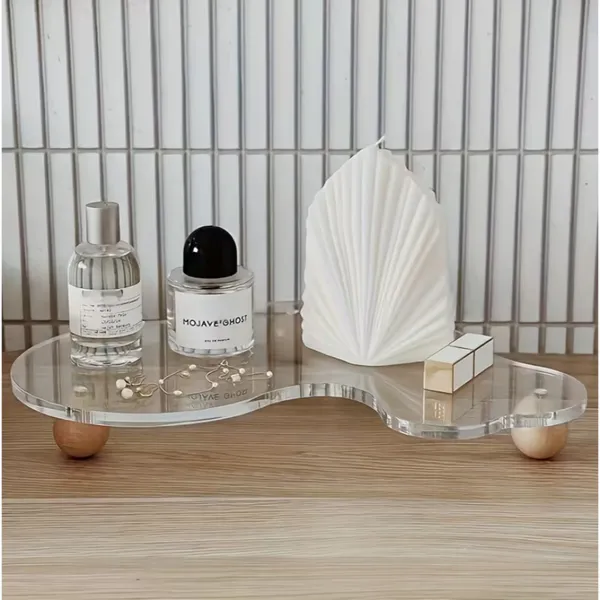 Bandeja Decorativa em Acrílico Cristal com Pés de Madeira, Organizador para Cosméticos, Joias e Perfumes
