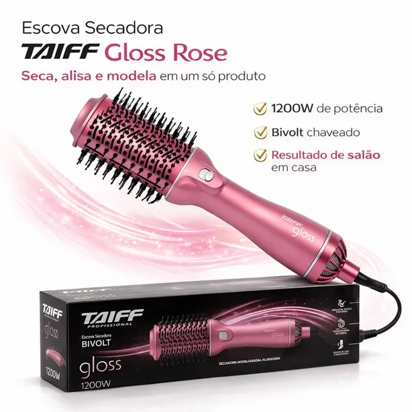 Escova Secadora Taiff Gloss, 1200W, Rosê Bivolt - Original com NF e Garantia