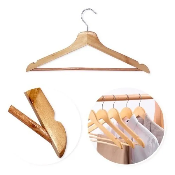 KIT Cabides de Madeira de Roupa Camisetas e Calças Marfim Madeira