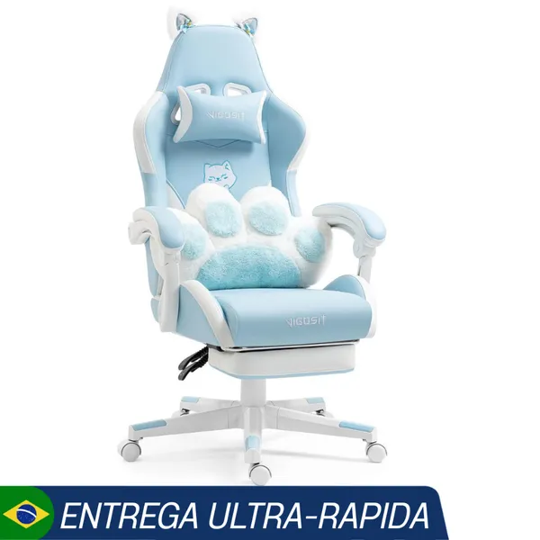 Cadeira Gamer Com Almofada Lombar Formato Pata De Gato e Orelhas De Gato Ergonômica Azul