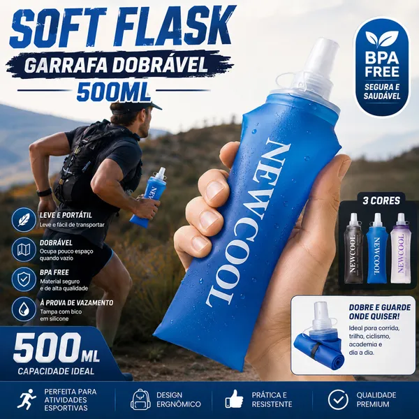 Soft Flask 500ml Garrafa Dobrável para Corrida, Academia, Bike e Trekking