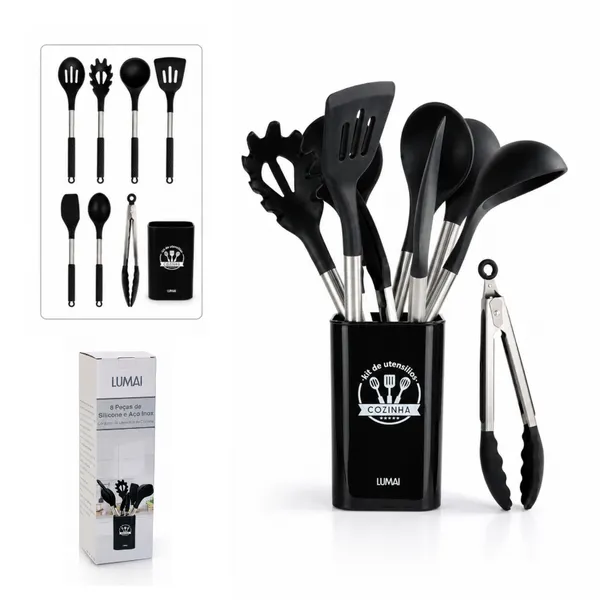 Kit 8 Utensílios de Cozinha de Silicone Preto e Aço Inox Grande com Balde - Original LUMAI