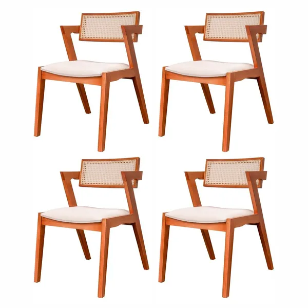 Kit 4 Cadeiras Madeira Maciça, Rattan de Fibra 100% Natural e Estofada Verona Espresso Móveis Champagne/Off White