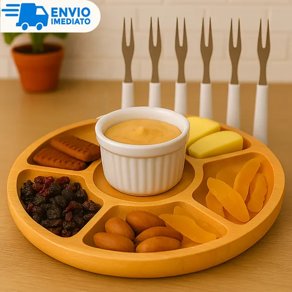 Kit Petisqueira para Petiscos Frios Queijo Churrasco com Molheira Ramekin e Garfinhos