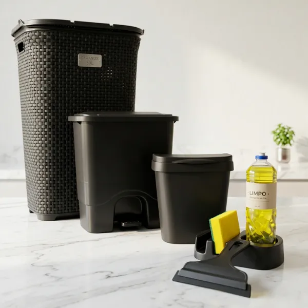 Kit Organização Rattan para ​Casa – Cesto + Lixeira com Pedal 13L + Lixeira de Pia 5L | Escolha o Modelo