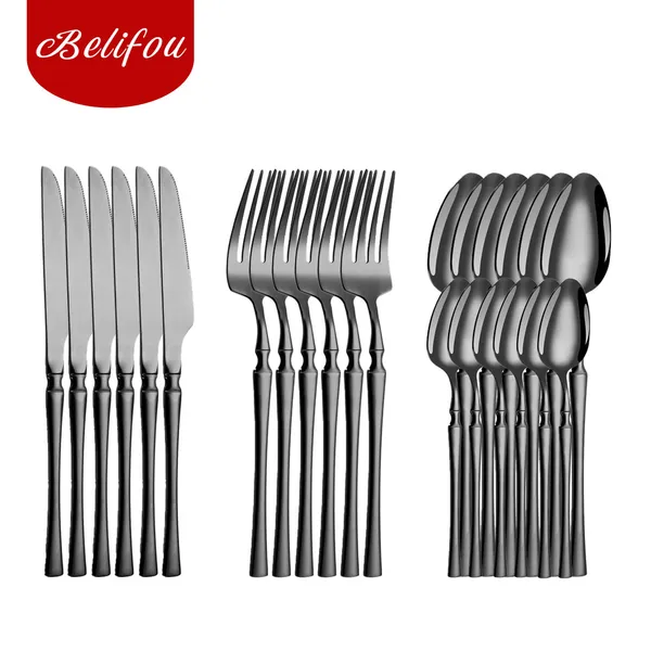 Belifou Kit 24 Talheres Aço Inoxidável Cintura Fina Preto