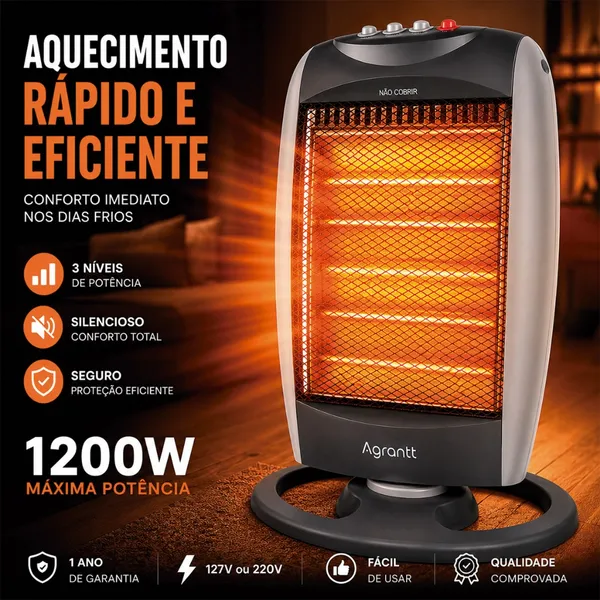 Aquecedor Doméstico Elétrico Agrantt 1200W 3 Níveis Oscilante Quarto Sala Escritório Portátil