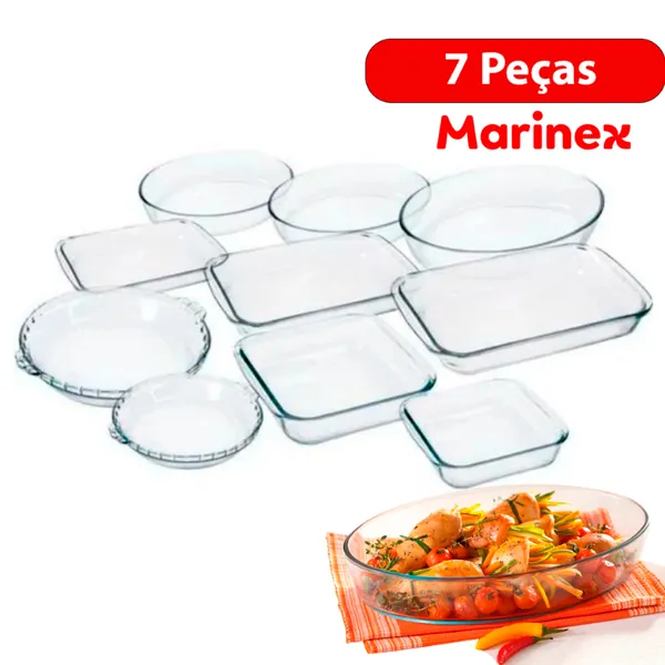 Conjunto Marinex KIt Jogo de Travessas 7 peças Variadas em Vidro Temperado próprias P/ Forno