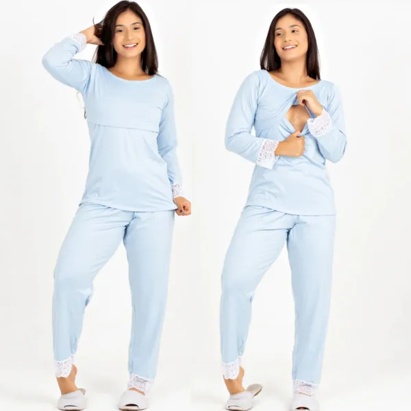 Pijama Amamentação Soft Fluffy Azul Claro Com Renda