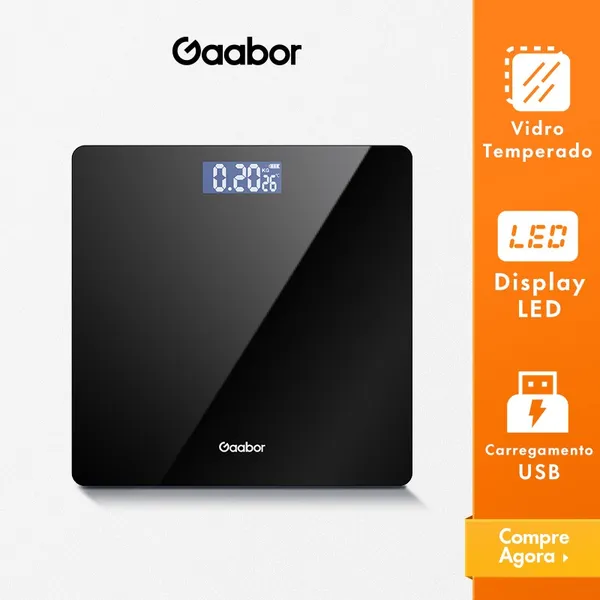 Gaabor Balança Digital até 180kg Display LED HD Grande Vidro Temperado preto GWS-M01A