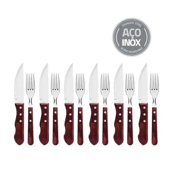 Jogo de Talheres Para Churrasco 12 Peças Jumbo Garfo Faca Aço Inox E Madeira