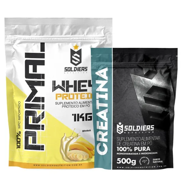 Kit: Whey Protein Primal 1kg + Creatina 500g Soldiers Nutrition Força Performance Suplemento Aminoácido