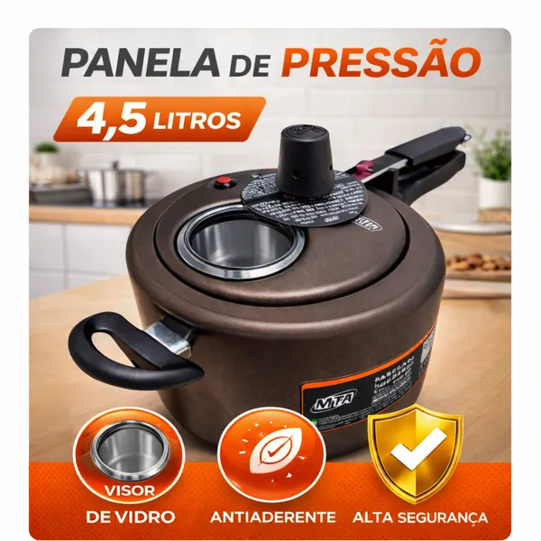 Panela de Pressão 4,5L Com Visor de Vidro Antiaderente Fechamento Externo Preto Grafite MTA