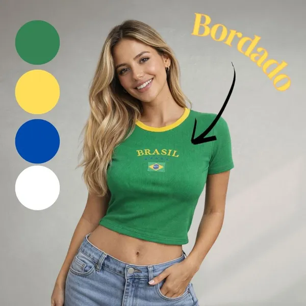 Blusa feminina Cropped Brasil canelada ribana bordada