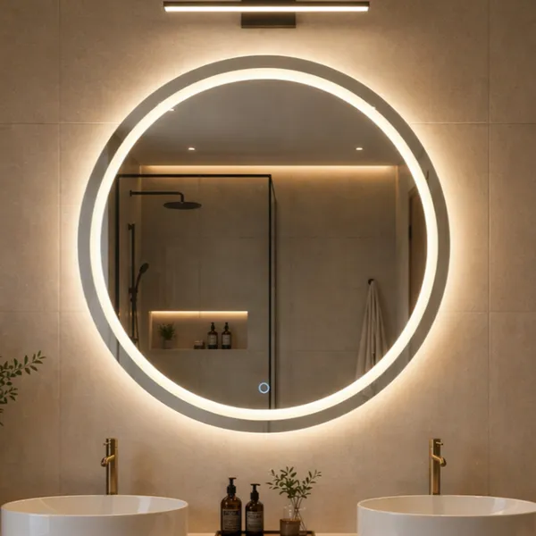 Espelho Redondo 40cm a 60cm Com LED 3 Cores Jateado Lapidado Banheiro Maquiagem Salão de Beleza