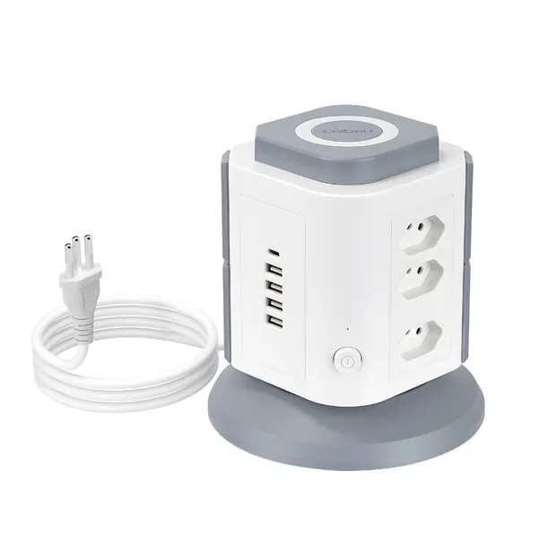 COIBEU Torre de Tomadas Branca 9+4+1 - 9 Tomadas + 4 USB + 1 Type-C Cabo 2m Proteção Contra Sobrecarga