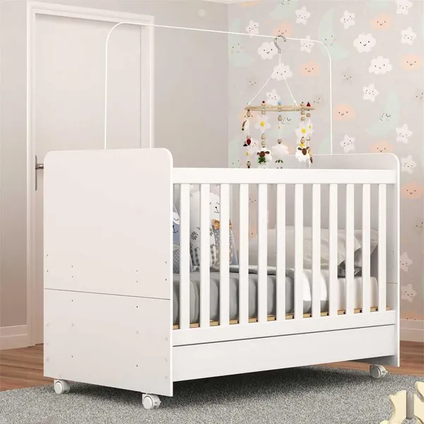 Berço Americano 3 em 1 com Colchão Incluso e Rodízios Bambino Multimóveis Branco 3 ANOS de Garantia