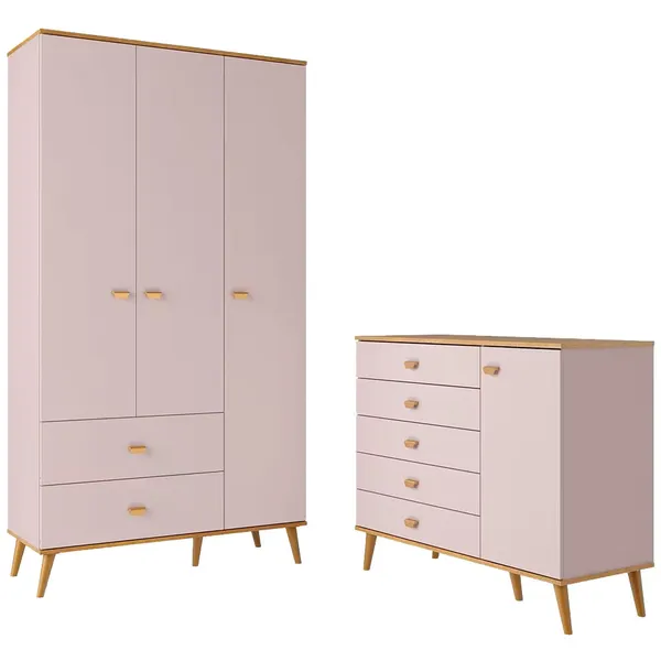 Guarda-Roupa Bartira Ternura com 3 Portas, 2 Gavetas + Cômoda Bartira Ternura com 5 Gavetas e 1 Porta