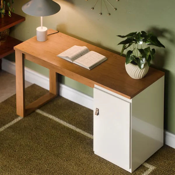 Escrivaninha 115 cm Paris Mesa Para Escritório Home Office Com Porta E Puxador De Couro