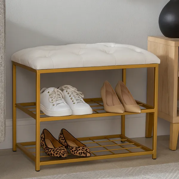 Sapateira Banco 2 Andares 47x30x60cm Metal Dourado com Assento Estofado Veludo Organizador Entrada Quarto Closet