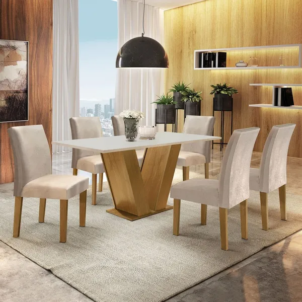Conjunto Sala de Jantar Mesa Tampo Mdf 6 Cadeiras Espanha Yescasa Ypê/Off White/Tecido Pena