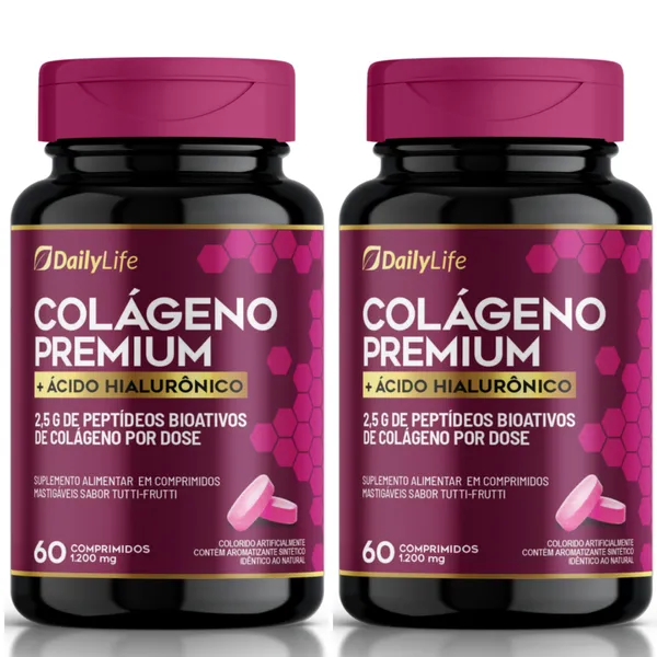 2x Colágeno Premium Com Ácido Hialurônico  Mastigável Sabor Tutti-Frutti 120 Comprimidos Original