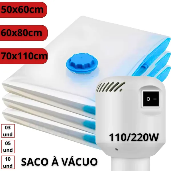 Kit 10 Saco a Vácuo + Bomba Elétrica 110V/220V Guarda-Roupas Organização