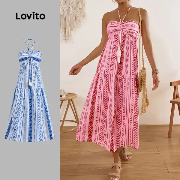 Lovito Vestido Boho de Verão/Primavera Praia Longo com Estampa Tribal e Franjas para Mulheres LBL17610