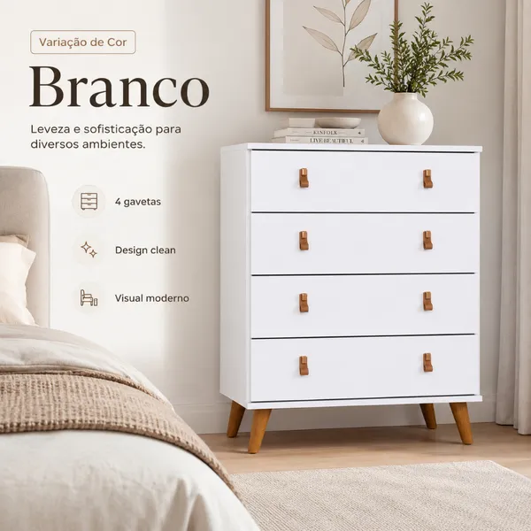 Cômoda Para Quarto Reforçada 4 Gavetas Espaçosas Luxo Encanto Frete Grátis