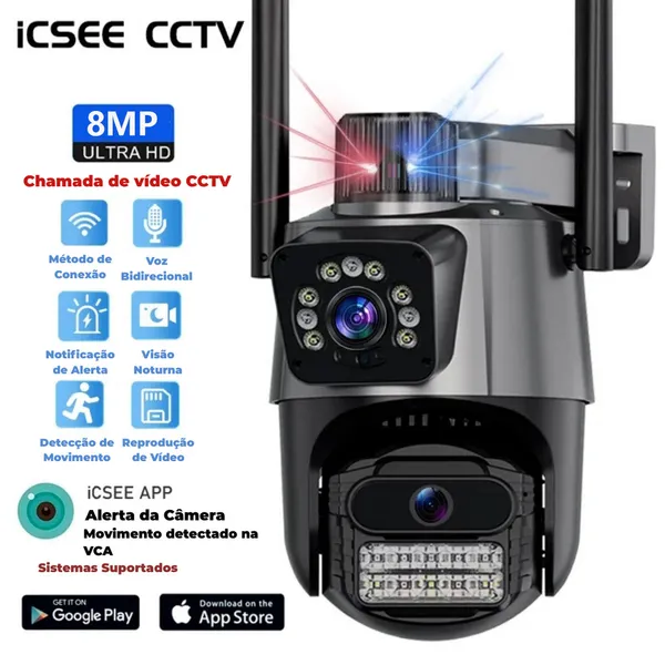 JL PROTEC 4K 8MP Câmera de Segurança 2 Lentes Com Audio e Microfone Câmera 355 Graus Wifi