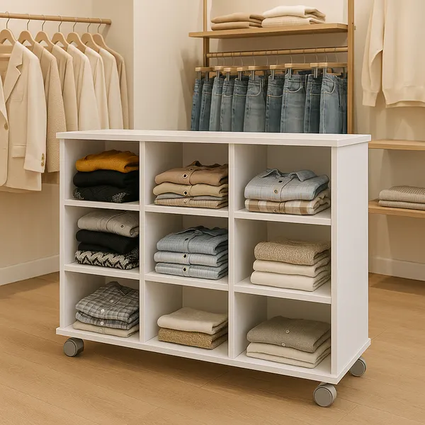 Móvel Expositor para Loja de Roupas 9 Nichos com Rodinhas  Branco Estante organização Closet