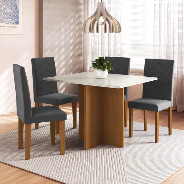 Conjunto Sala de Jantar Fidelitá Itália 110cm Com 4 Cadeiras Freijó/Off-White Assento Grafite