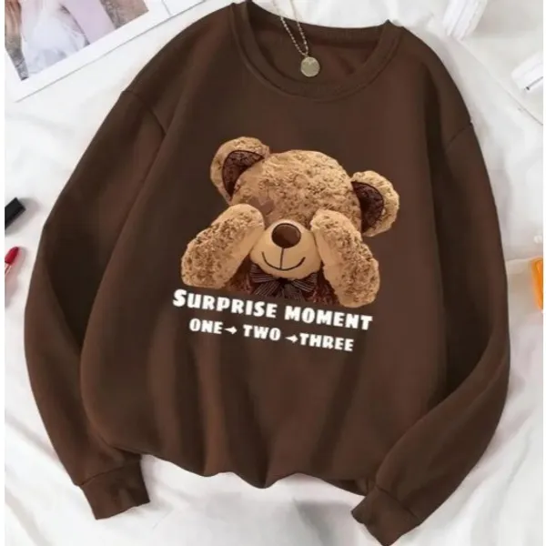 Moletom Feminino Gola Redonda Blusa de Frio Estampado Urso Surprise Moment  Moda Inverno Old Money