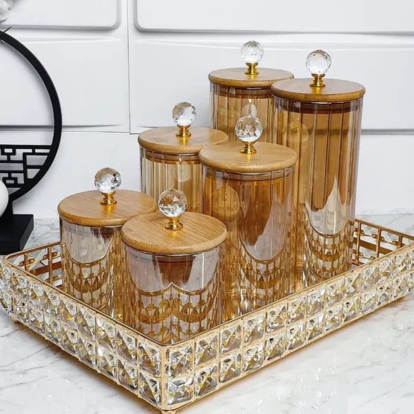 Conjunto Potes de Vidro com Tampa Bambu Cristal Porta Mantimentos  Cozinha 3 Peças