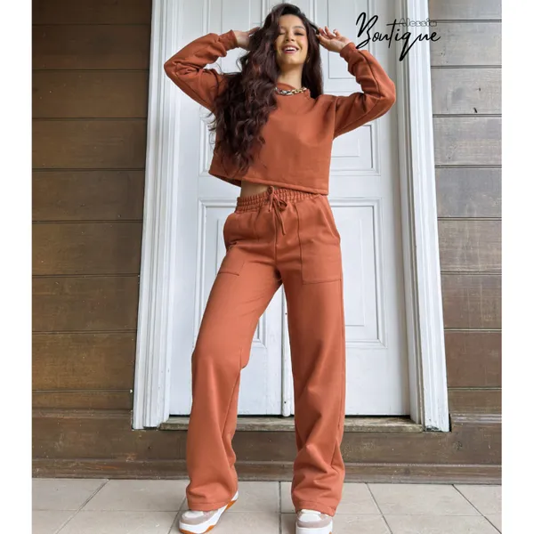 CONJUNTO FEMININO MOLETOM felpado calça pantalona e blusa manga longa
