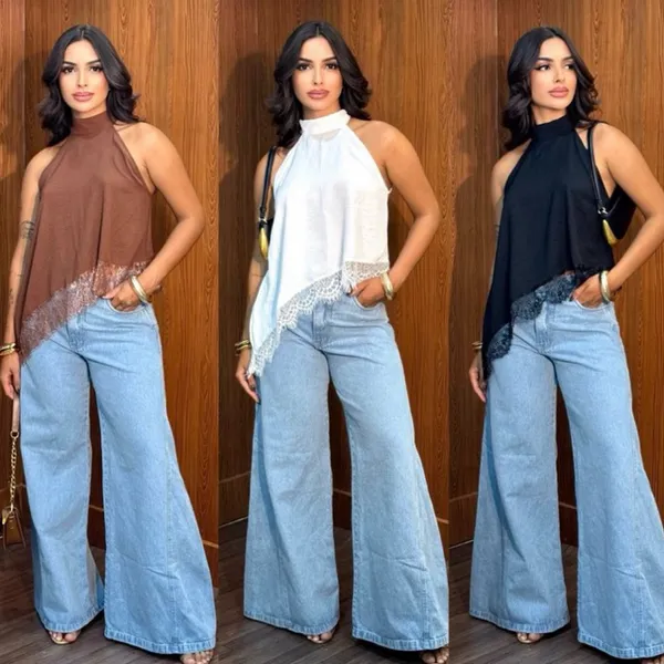 Blusa Feminina Gola Alta Assimétrica Frente Única Com Renda Bata Elegante Tendência Inverno