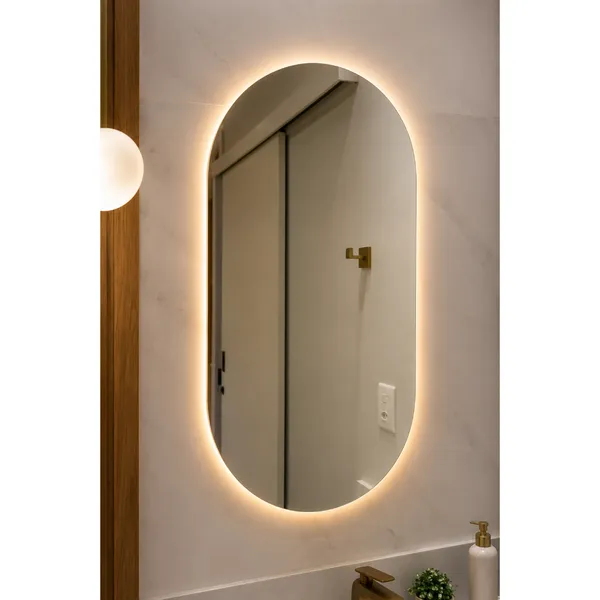Espelho Oval com LED Moderno Luz Quente e Fria para Banheiro e Quarto Decorativo