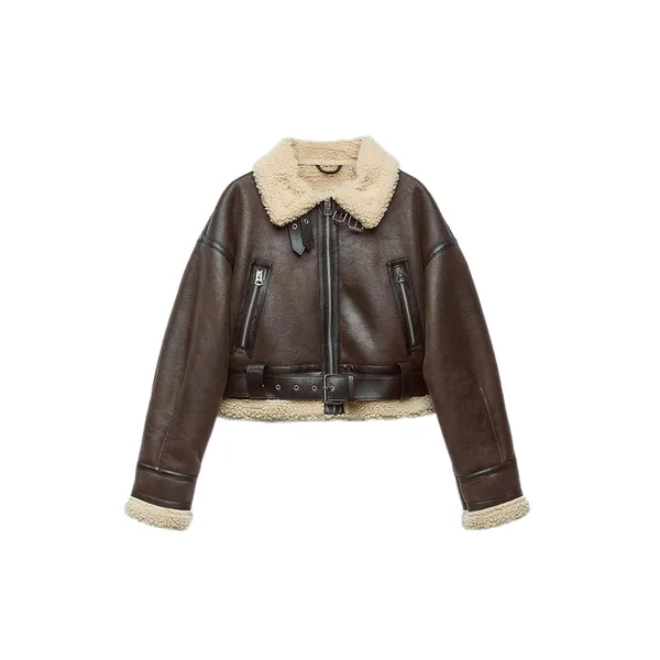 Outono Inverno Feminino Quente Solto Falso Pele De Cordeiro Casaco Curto Streetwear Retro Zíper Emendado Outwear