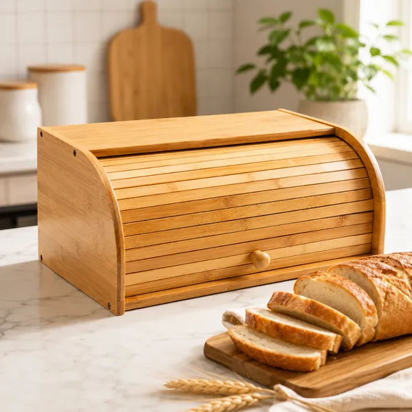 Porta Pães Bambu Grande Premium com Tampa Retrátil Baú de Armazenamento Cozinha Organizada