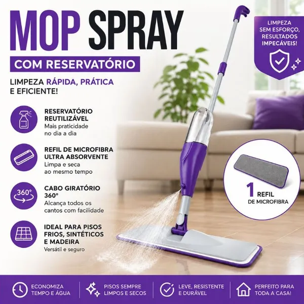 Mop Spray PRO Magico Com ​Reservatorio Rodo De Limpeza Refil Microfibra