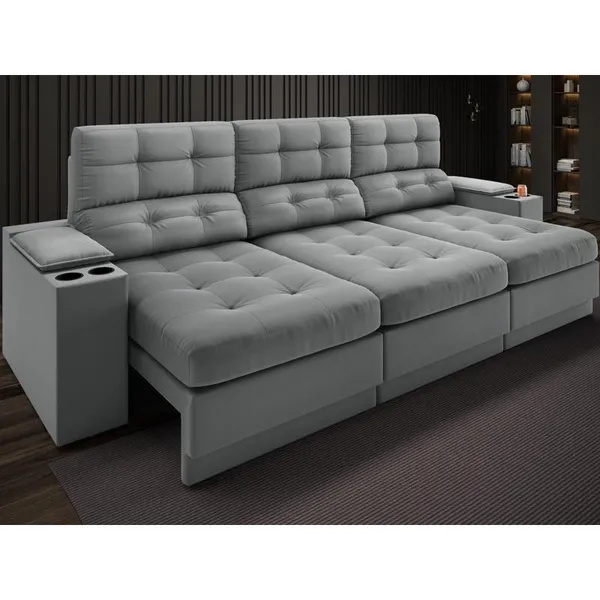 Sofá com Porta Copos e Carregador USB Eureka 2,30m Assento Retrátil e Reclinável Velosuede Grafite - NETSOFAS