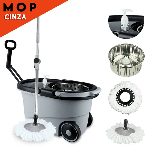 Mop Giratório Cesto em Inox com Rodas e Alça 150 cm Kit Completo Cinza - SHEFA