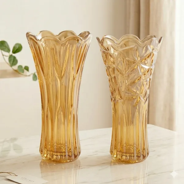 Vaso de Vidro ÂMBAR decorado lapidado 23cm para Flores plantas festas